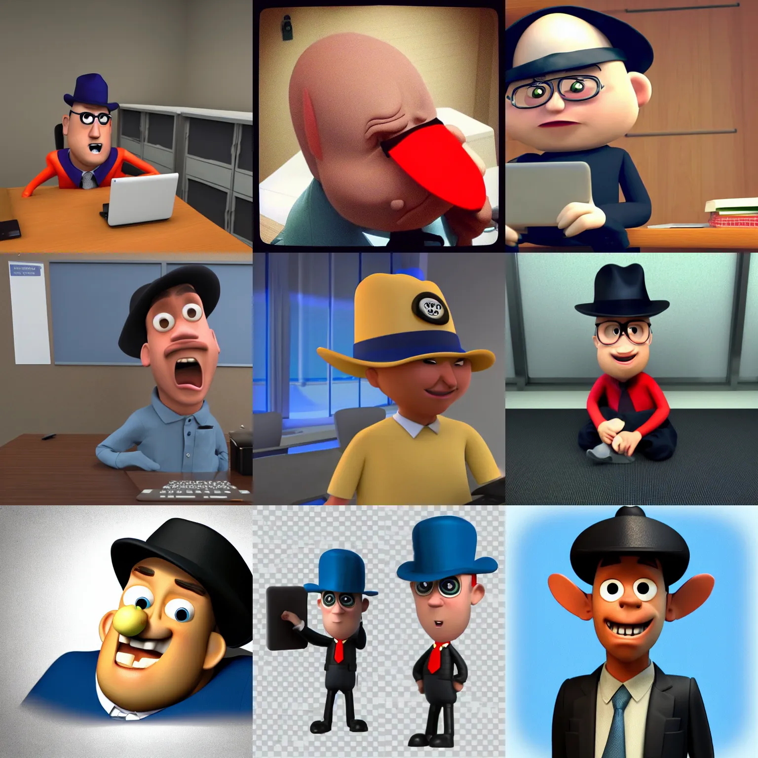 Prompt: mister gone working at the office, bored, hat, bald, costume, pixar movie, 3 d, animated