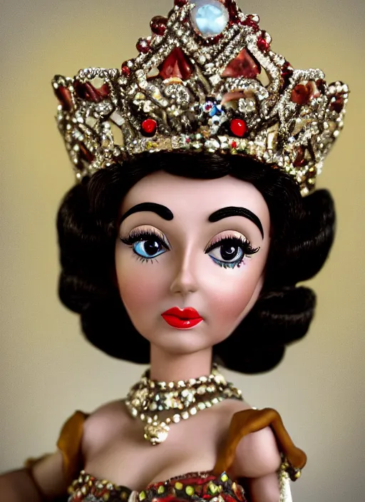 Prompt: closeup face profile portrait of tin toy elizabeth taylor as a fairytale princess wearing a crown eating cakes, bikini, depth of field, zeiss lens, detailed, symmetrical, centered, fashion photoshoot, by nicoletta ceccoli, mark ryden, lostfish, breathtaking, 8 k resolution, extremely detailed, beautiful, establishing shot, artistic, hyperrealistic, octane render