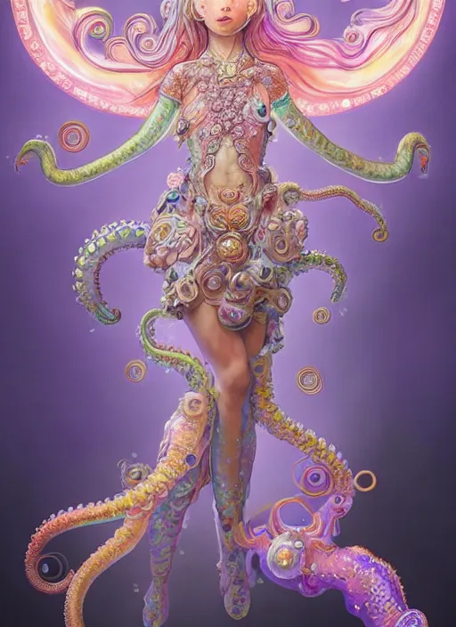 Image similar to A full body shot of a cute young magical girl wearing an ornate dress made of opals and tentacles. Monster GIrl. Subsurface Scattering. Dynamic Pose. Translucent Skin. Rainbow palette. defined facial features, symmetrical facial features. Opalescent surface. Soft Lighting. beautiful lighting. By Giger and Ruan Jia and Artgerm and WLOP and William-Adolphe Bouguereau. Photo real. Hyper-real. Photorealism. Fantasy Illustration. Sailor Moon hair. Masterpiece. trending on artstation, featured on pixiv, award winning, cinematic composition, dramatic pose, sharp, details, Hyper-detailed, HD, HDR, 4K, 8K.