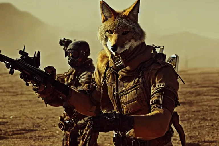 Image similar to a good ol'coyote fursona ( from the furry fandom ), heavily armed and armored facing down armageddon in a dark and gritty version from the makers of mad max : fury road. witness me.