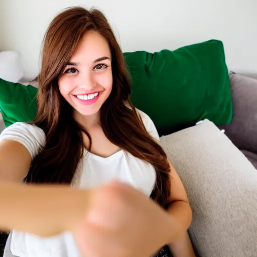 Image similar to Selfie photograph of a cute young woman smiling, long shiny bronze brown hair, full round face, emerald green eyes, medium skin tone, light cute freckles, smiling softly, wearing casual clothing, relaxing on a modern couch, interior lighting, cozy living room background, close-up shot, professional photography