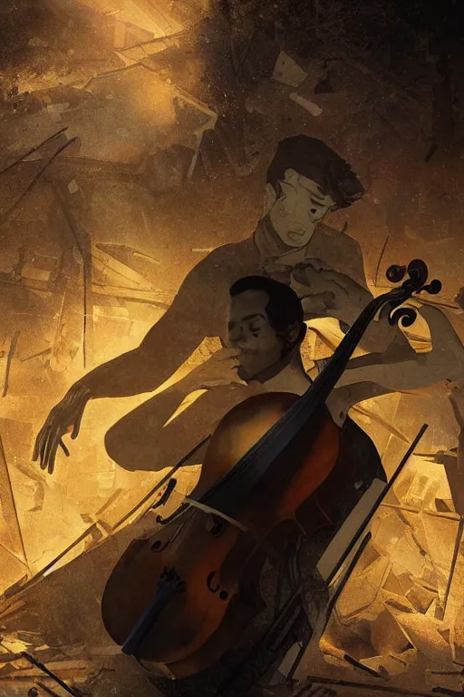 Prompt: a portrait of a cellist playing in the rubble of a fallen building, beautifully lit, slightly surreal, artstation