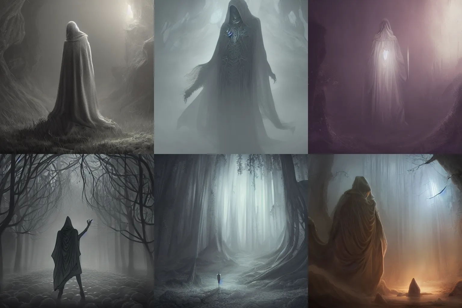Prompt: a mysterious being hidden in a cloak, foggy atmosphere, ethereal, fantasy, intricate, cinematic lighting, highly detailed, concept art, clean line art, 4k, illustration,
