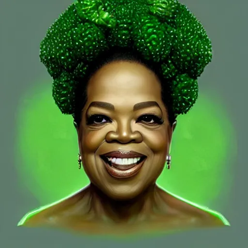 Image similar to a dish of oprah winfreys face fused with okra veg with green stalky ( ( green oprah winfrey's face ) ), oprah okra winfrey sentient veg, by greg rutkowski