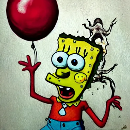 Image similar to grunge painting of spongebob with a wide smile and a red balloon by chris leib, loony toons style, pennywise style, corpse bride style, horror theme, detailed, elegant, intricate