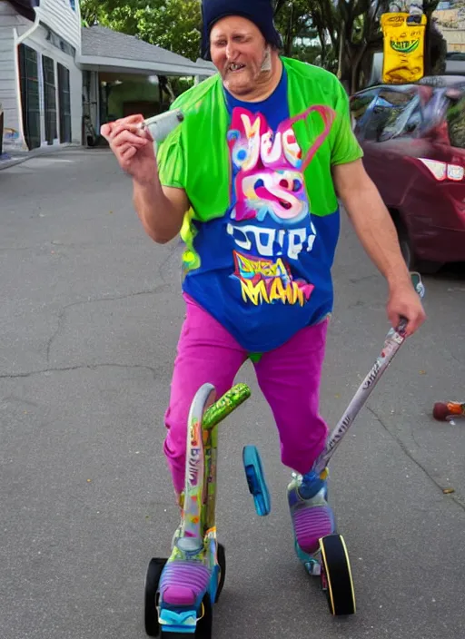 Image similar to slurpee man hiding and dancing, bloke moleman style, perfecr focus, calm down mom, mega millions haply meal type person, pogo stick roller blader