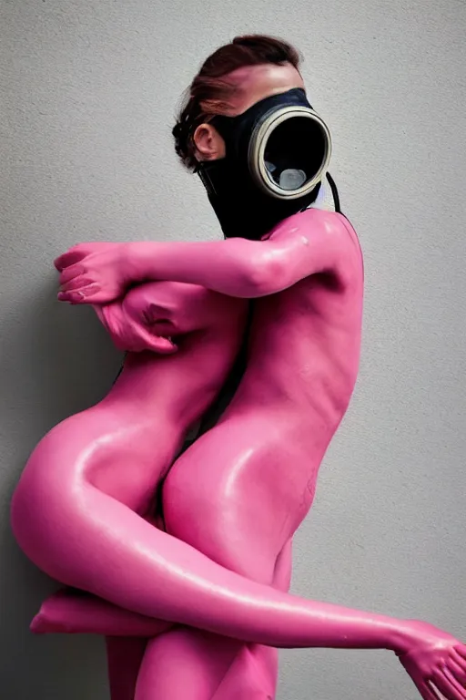 Image similar to a surreal portrait of intertwined and contorted figures wearing gas mask next to a pink wall in the style of brooke didonato, editorial fashion photography from vogue magazine, full shot, nikon d 8 1 0, ƒ / 2. 5, focal length : 8 5. 0 mm, exposure time : 1 / 8 0 0, iso : 2 0 0