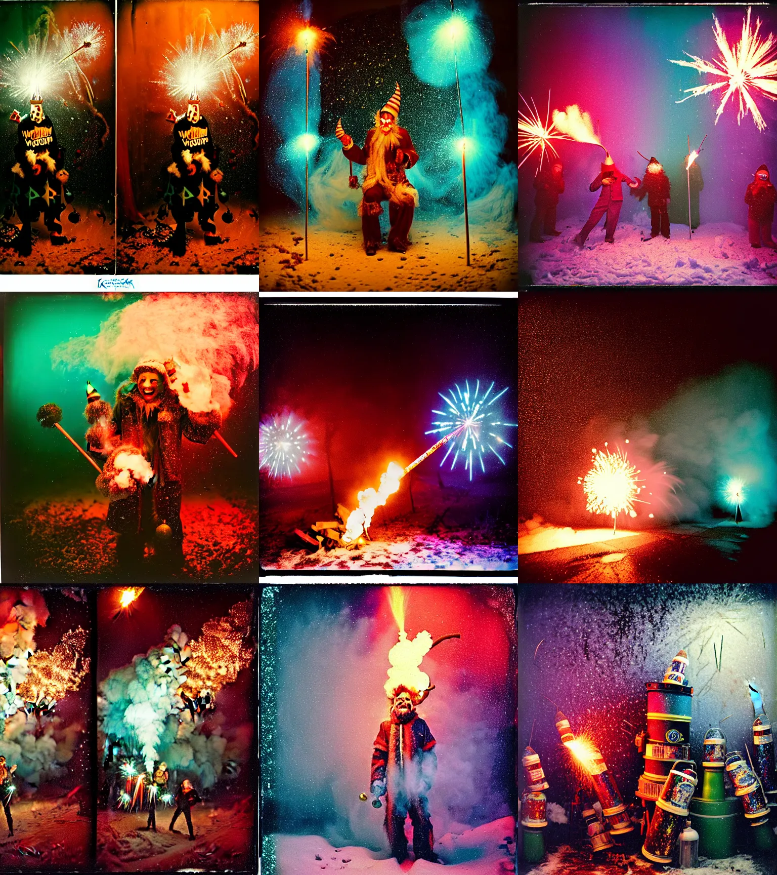 Image similar to kodak portra 4 0 0, wetplate, winter, snowflakes, rainbow coloured rockets, chaos, glitter tornados, award winning dynamic photo of a bunch of hazardous krampus between exploding fire barrels by robert capas, motion blur, in a small pantry at night with colourful pyro fireworks and torches, teal lights