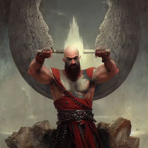 Prompt: painting of kratos in valhalla by hieronymus bosch, greg rutkowski, anna podedworna