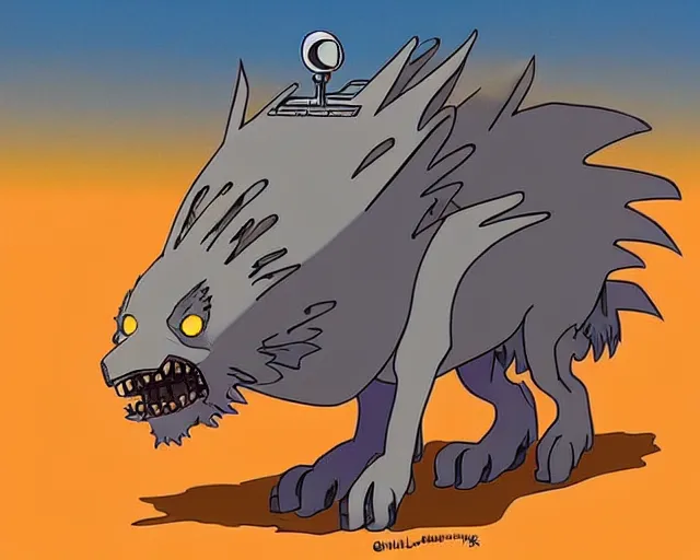 Prompt: “ a cell shaded cartoon grey lovecraftian mechanized wolf from howl's moving castle ( 2 0 0 4 ) with a big head, on a desert road, wide shot ”