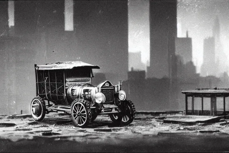 Image similar to cyberpunk 1 9 0 8 model ford t by paul lehr, metropolis, view over city, vintage film photo, scratched photo, scanned in, old photobook, silent movie, black and white photo