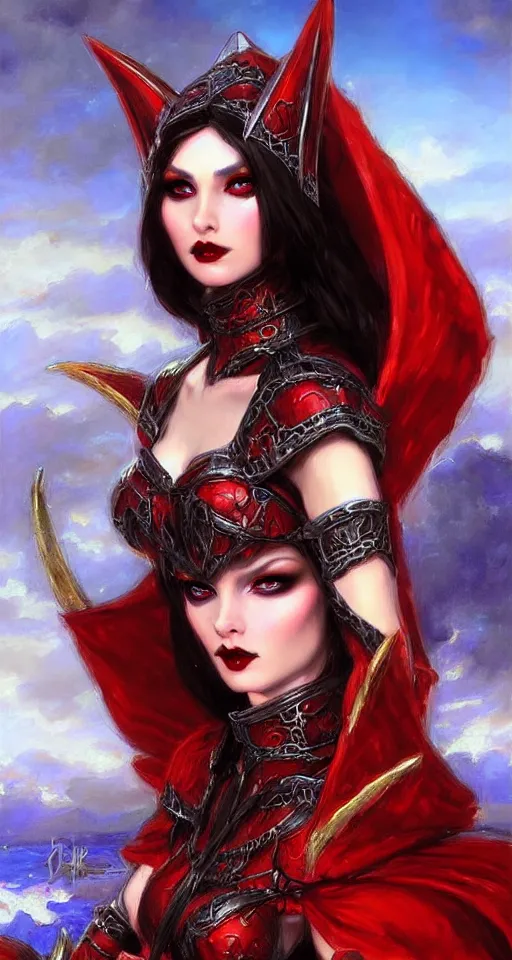 Image similar to Gothic elf princess in red dragon armor by Konstantin Razumov, face close up