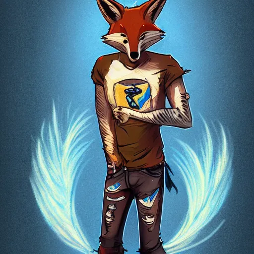 Image similar to A fox wearing a t-shirt and jeans, trending on FurAffinity, energetic, dynamic, digital art, highly detailed, FurAffinity, digital fantasy art, FurAffinity