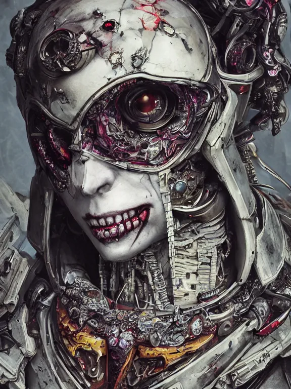 Prompt: portrait art of 8k ultra realistic undead corrupted ghost in the shell , ornate intricate, smashed glass helmet , detailed intricate ornate armour,decaying, cybernetic, full of colour, cinematic lighting, battered, trending on artstation, 4k, hyperrealistic, focused, extreme details,unreal engine 5, cinematic, masterpiece, art by ayami kojima, giger