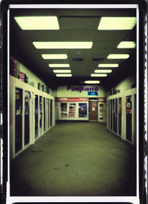 Prompt: polaroid photograph of the inside of an empty blockbuster store, liminal space, familiar place, mannequins, black mold, amateur, 3 5 mm, raw, 4 k, hd