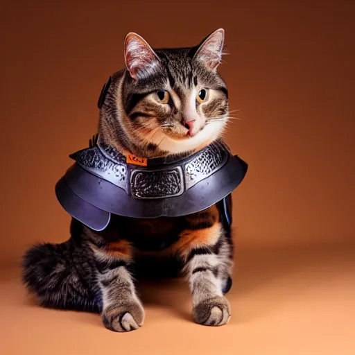 Image similar to a cat wearing samurai armor, studio lighting