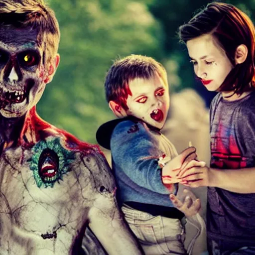 Prompt: a handsome young zombie family with a demonic young boy, scene from a future world where nanotechnology is ubiquitous