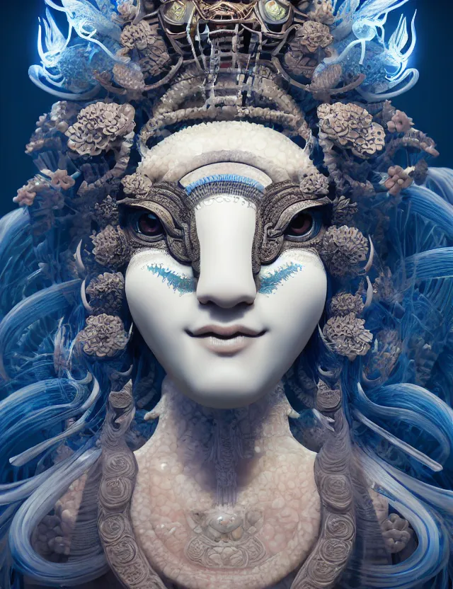 Image similar to 3 d goddess close - up 3 / 4 portrait with ram skull. beautiful intricately detailed japanese crow kitsune mask and clasical japanese kimono. betta fish, jellyfish phoenix, bio luminescent, plasma, ice, water, wind, creature, artwork by tooth wu and wlop and beeple and greg rutkowski