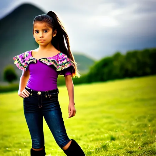 Prompt: a seven years old latin girl plays on a great green meadow, she wears a bolero, jeans and black boots, she has two ponytails, photo taken by a nikon, highly detailed, sharp focus