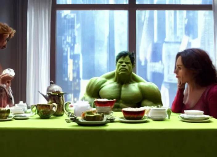 Prompt: film still of hulk having a tea party in the new avengers movie, 4 k