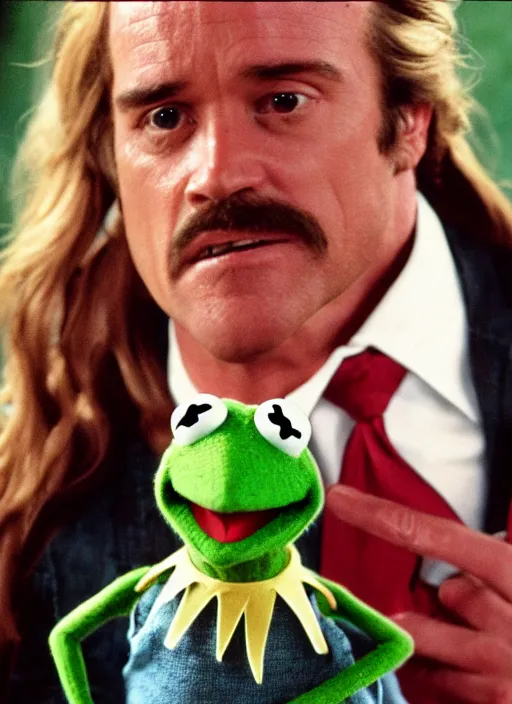 Prompt: film still of Kermit the Frog as Martin Riggs in Lethal Weapon, 4k