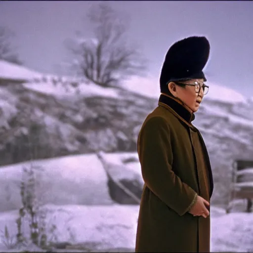 Image similar to filmstill of Kim Jong-il wearing a chapka in the role of Doctor Zhivago by David Lean, 1965, cinemascope, Eastman Color Negative 50T 5251 Neg. Film, epic romance