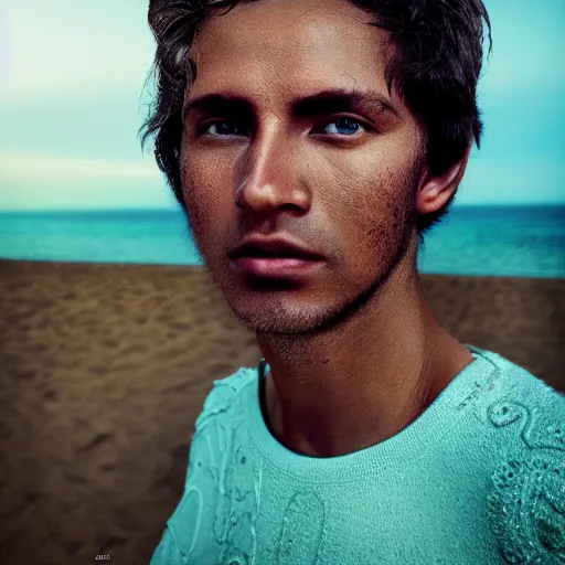Prompt: portrait of a young quetzalcoatl, beach pic, depth of field, zeiss lens, detailed, symmetrical, centered, fashion photoshoot, by annie leibovitz and steve mccurry, david lazar, jimmy nelsson, breathtaking, 8 k resolution, extremely detailed, beautiful, establishing shot, artistic, hyperrealistic, beautiful face, octane render