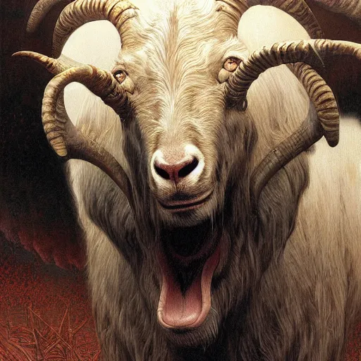 Image similar to vladimir putin is anthropomorphic goat hybrid, macabre, horror, by donato giancola and greg rutkowski and wayne barlow and zdzisław beksinski, digital art