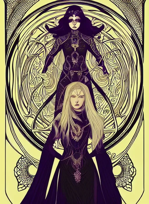 Image similar to symmetrical centered portrait, dark witch in front of the full big moon, blonde hair, intricate metal armour, Art Nouveau, beautiful retro Fantasy heroine 1985, intricate, elegant, highly detailed, centered, digital painting, trending on artstation, concept art, smooth, sharp focus, illustration, art by raphael lacoste, eddie mendoza, Mucha, alex ross, WLOP