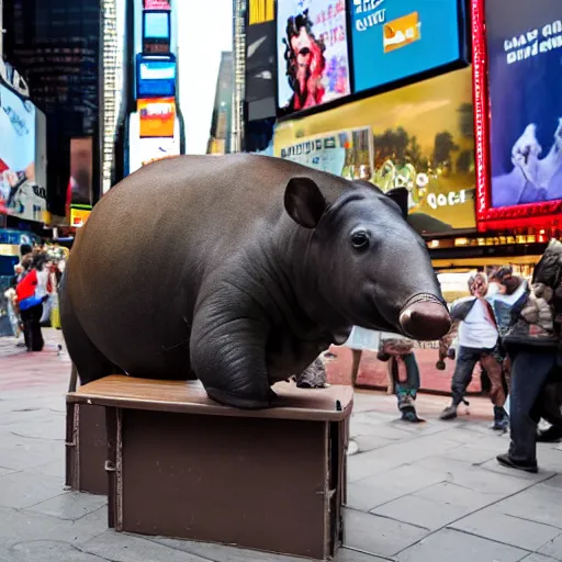 Prompt: A photograph of a tapir on top of a News Stand in Times Square.