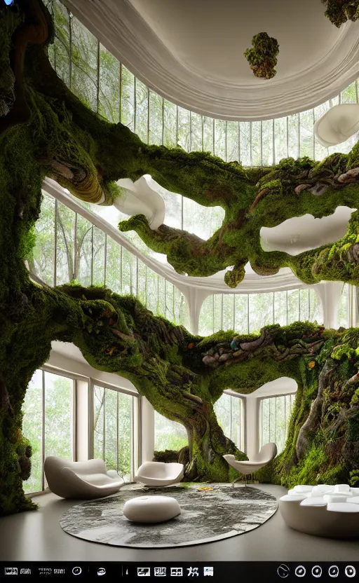 Image similar to highly detailed villa natural beautiful light interior soft cinematic composition of a smooth ceramic porcelain biomorphic magnolia stone nebula fluid sci - fi surreal colorful architecture landscape, furniture, granite, trees, marble, moss, lichen, fungi, vincent callebaut composition, mamou - mani, archviz, 8 k, unreal engine, hdr