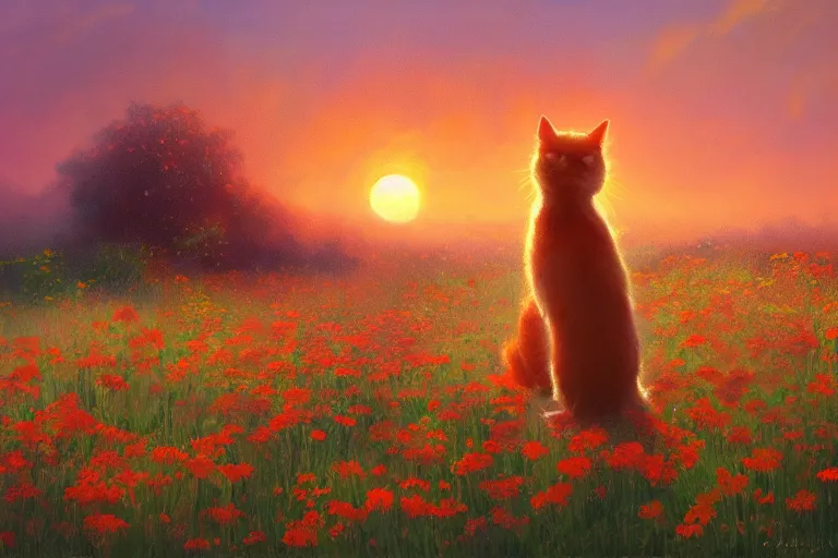 Prompt: a painting from behind an ultra realistic highly detailed orange cat standing in a field of flowers watching a beautiful sunset by craig mullins, trending on artstation, color field, concept art, artstation hd, matte drawing