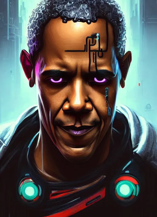 Image similar to portrait of Obama as a homeless character in Cyberpunk 2077, looking at camera, intricate, dystopian, sci-fi, extremely detailed, digital painting, artstation, concept art, smooth, sharp focus, illustration, intimidating lighting, incredible art by artgerm and greg rutkowski and alphonse mucha and simon stalenhag