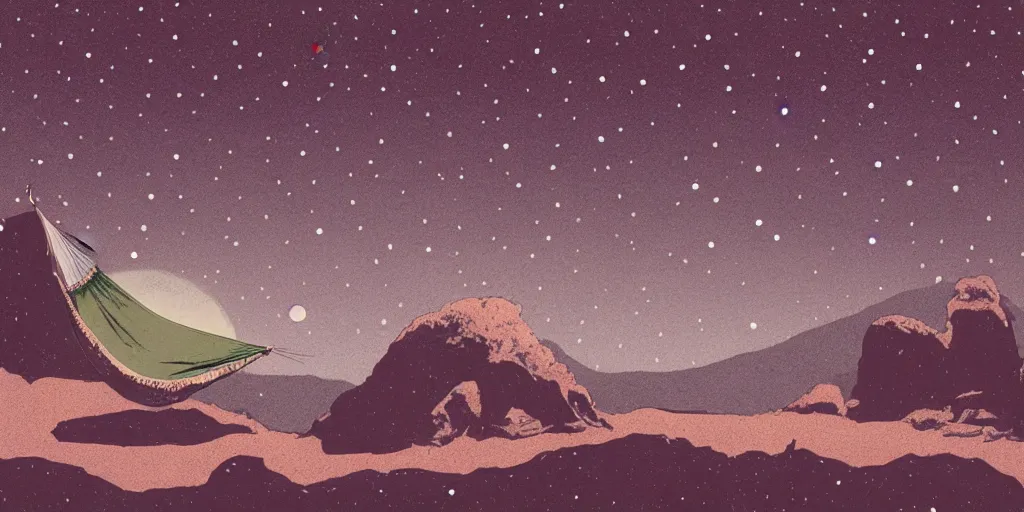 Prompt: a hammock under the stars next to an impossible rock formation with comets and trees, 1940s faded risograph print, illustration, limited color palette, earthtones, double-exposure, astrophotography