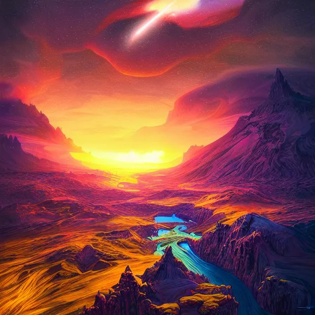 Prompt: fantasy aerial iceland landscape in the form of the human eye, volumetric lighting, colorful, sharp and focus, ultra detailed, beautifully lit landscape, astrophotography, in the art style of dan mumford and marc simonetti