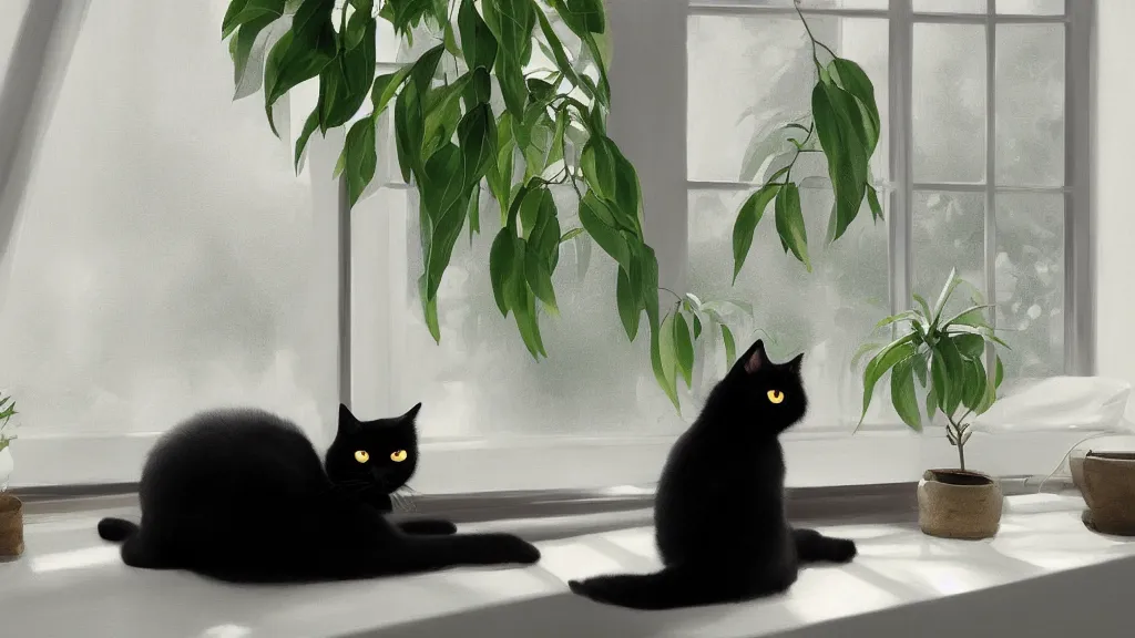 Image similar to beautiful peaceful dreamy painting of a content black cat sitting by a window and looking outside, sunshine coming through the window, small plants on the window sill, 8k, hyper realism, trending on artstation, octane render