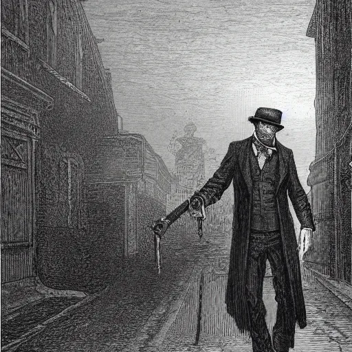 Prompt: detective wearing a black hat, street of Innsmouth, by gustave dore and howard lovecraft