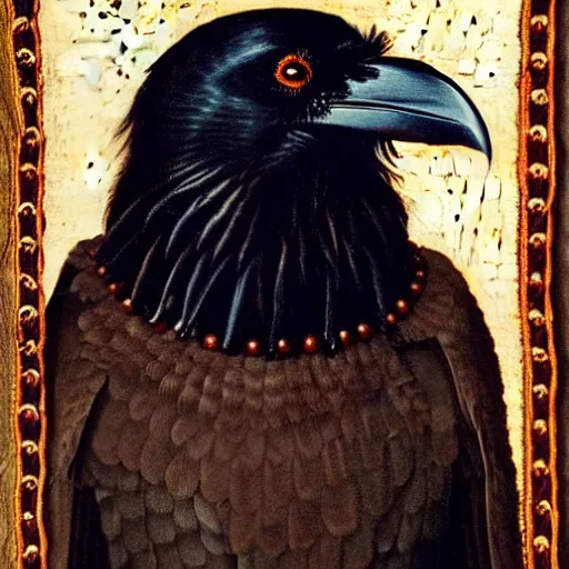 Prompt: a highly detailed portrait of a raven, wearing elegant tudor clothes, inside a room with thick red tapestries, by hans holbein and alessandro allori