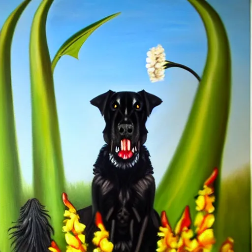 Image similar to realistic oil painting of a vicious black dog bearing its fangs next to brugmansia suaveolens flowers