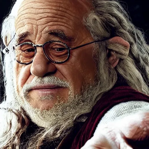 Image similar to movie still of danny devito starring as gandalf the white in the 2 0 2 4 lord of the rings movie, full body, hyper realistic, high quality, wide angle