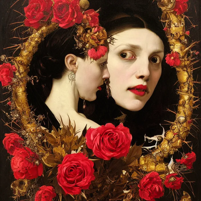 Image similar to portrait of a woman with a golden skull mask on face, a wreath of thorns, a dress of bones and roses, horns, snakes, smoke, flames, full-length, oil painting in a renaissance style , very detailed, red background, painted by Caravaggio, Greg rutkowski, Sachin Teng, Thomas Kindkade, Alphonse Mucha, Norman Rockwell, Tom Bagshaw.