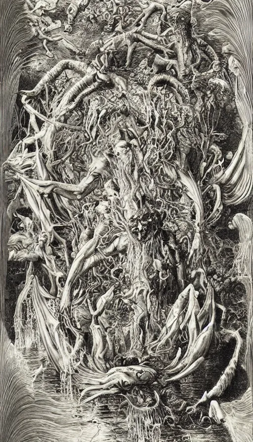 Image similar to man on boat crossing a body of water in hell with creatures in the water, sea of souls, by ernst haeckel