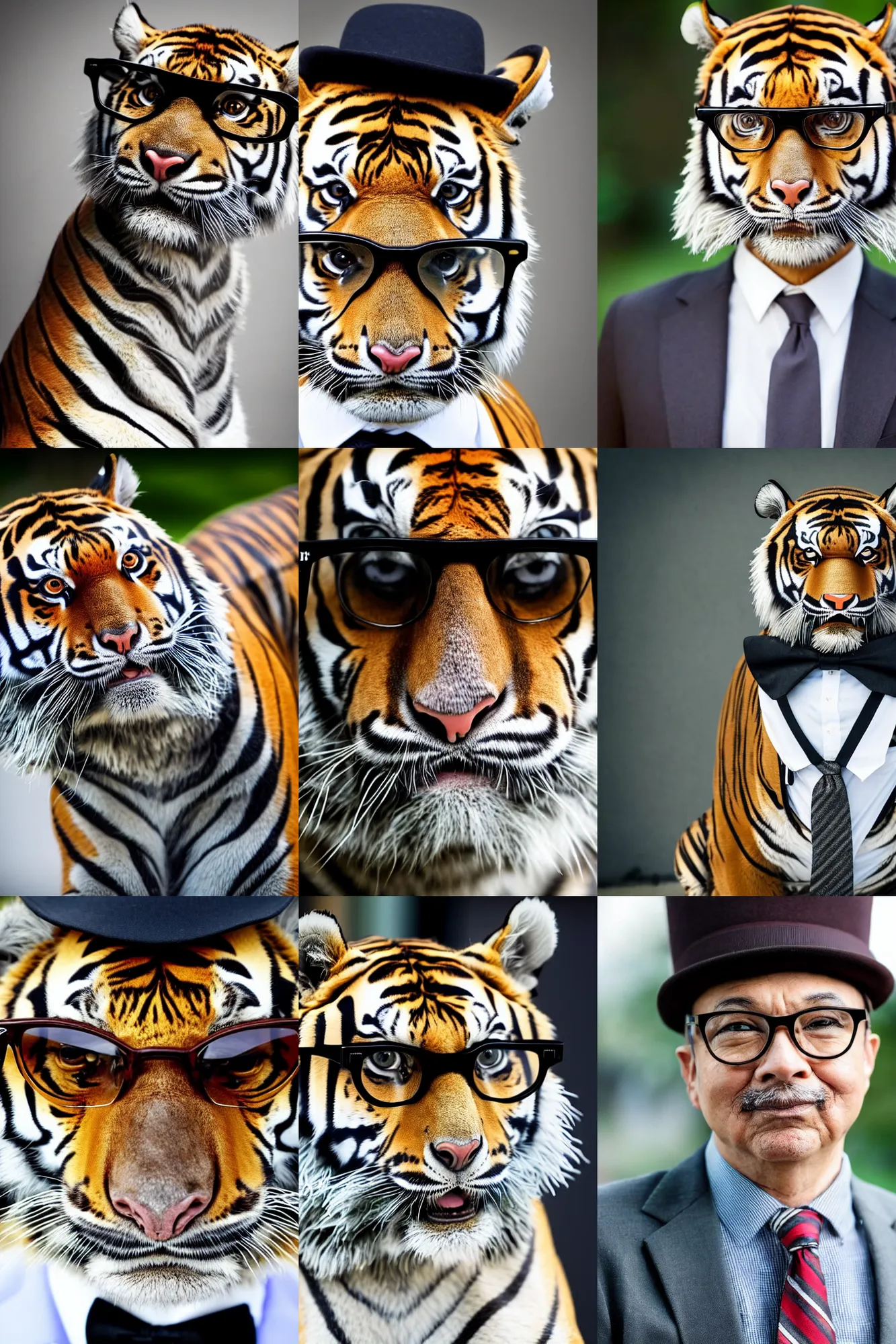 Prompt: high quality 3/4 length portrait photo of an !older tiger! wearing a business suit and tie, wearing a bowler hat, !!wearing glasses!!, !Anthropomorphic!, photography 4k, f1.8 bokeh, 4k, 85 mm lens, sharp eyes, looking at camera, photorealistic, trending on getty