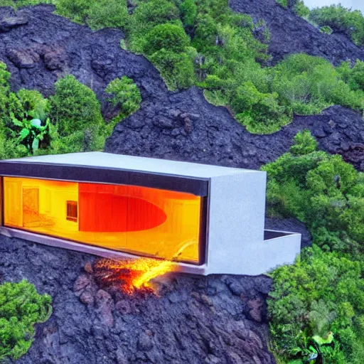 Prompt: modern house surrounded by lava, on top of a large mountain , hyper realistic, photo real, HD