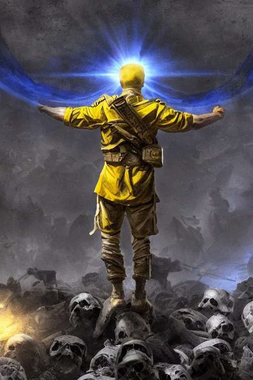 Prompt: A distant front view shot of a soldier with blue and yellow flag in his hand while he is standing on a huge pile of skulls in triumph after the battle, head is up, flag in his right hand, dark atmosphere, bright rays of light, beams of light, intricate, volumetric lighting, volumetric lights, highly detailed, smooth, artstation, digital illustration by Ruan Jia and Mandy Jurgens and Artgerm and Wayne Barlowe and Greg Rutkowski and Frank Frazetta