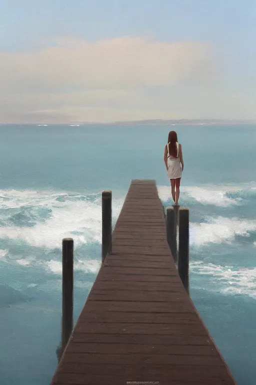 Prompt: painting of a woman standing at the end of a pier, the pier is white and has white railing, she is visible from behind and from distance, the sea surrounding the pier is calm, soft evening light, volumetric lighting, style of greg rutkowski