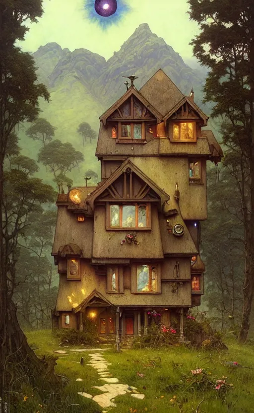 Image similar to a hyper realistic witchy cottage with solar panels on a tall hill, mountains, atmospheric lighting, lush foliage, painting by chiara bautista and tom bagshaw, mucha, beksinski and norman rockwell and greg rutkowski weta studio, and lucasfilm