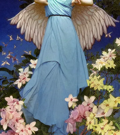 Prompt: harmony of winged angel black haired yoongi wearing baby blue greek clothes, muted colors, colorful flowers, tropical, sunlight filtering through skin, dynamic hair movement, dynamic pose, glowing butterflies, j. c leyendecker, by alan lee, wlop! illustrated by starember, fantasy art by craig mullins