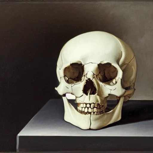 Image similar to a painting of a human skull with diamonds for eyes nestled on a bed of white lilies, dark shadowy background, in the style of a still life painting by francisco de zurbaran