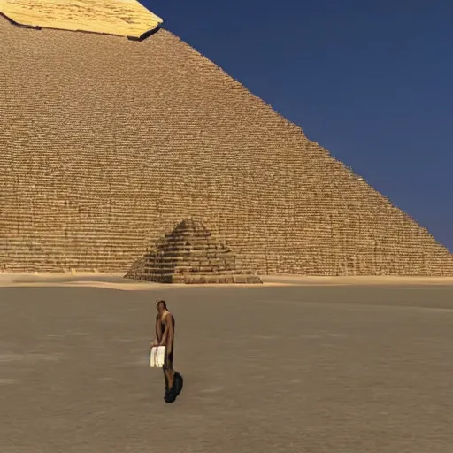 Prompt: great pyramid of giza at ancient times, the pyramid is covered with white marble, the pyramind has a golden tip, ancient egypt, unreal engine, extremely detailed, photoreal